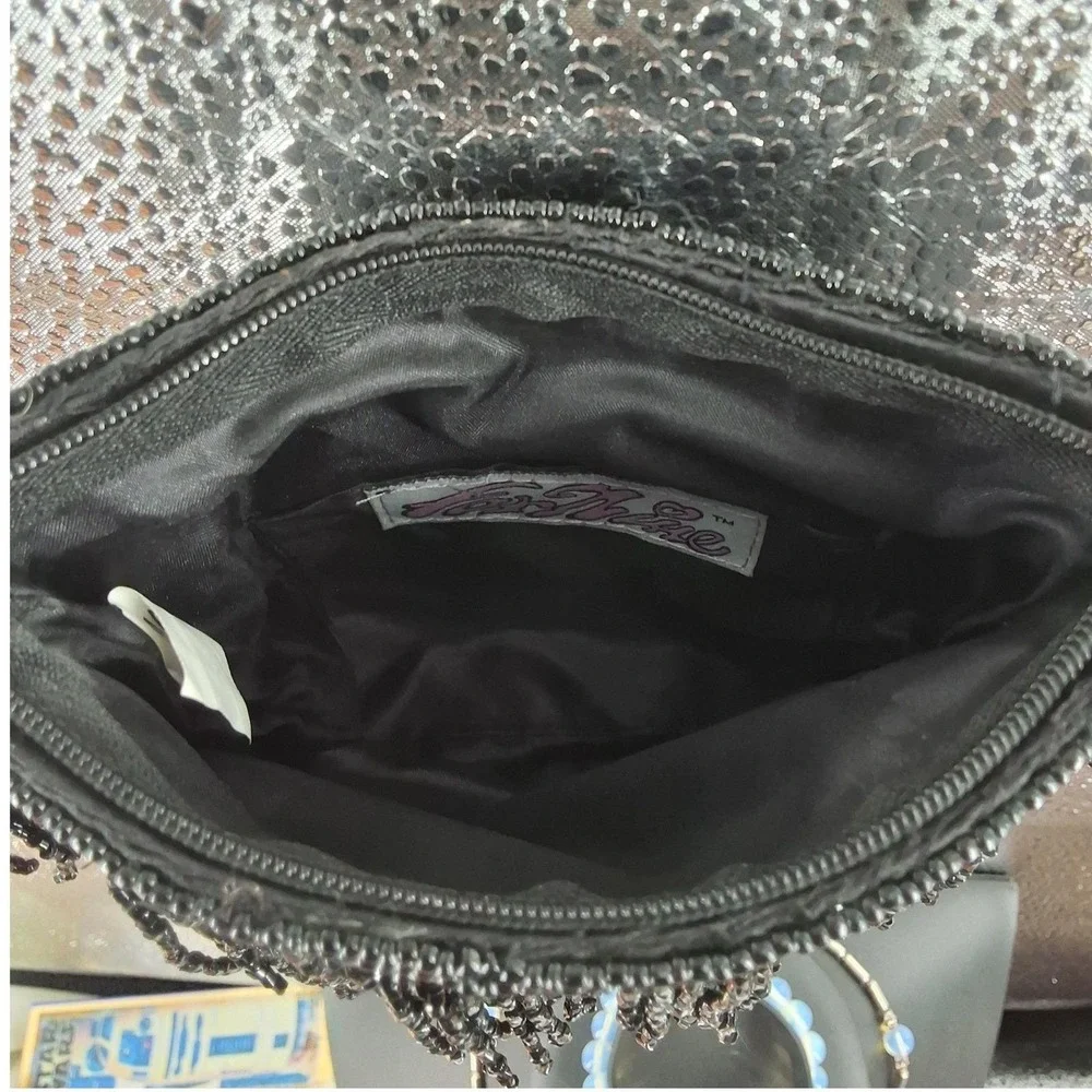 Far Nine Vintage Y2K Black Beaded Fringe Sequin Crossbody Evening Bag Purse‎
